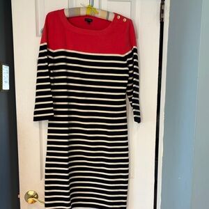 Talbots Coral and Navy Striped  Long Sleeve Dress